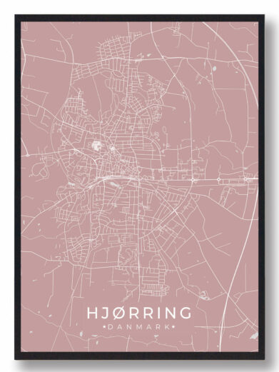 Hjørring byplakat i stilrent design. Denne Hjørring byplakat er med rosa baggrund og viser Hjørring fra sin smukkeste side