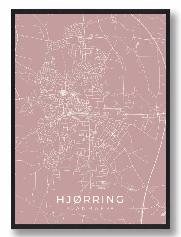 Hjørring byplakat i stilrent design. Denne Hjørring byplakat er med rosa baggrund og viser Hjørring fra sin smukkeste side