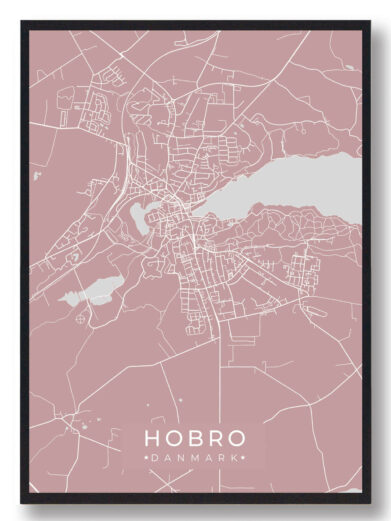Hobro byplakat i stilrent design. Denne Hobro byplakat er med rosa baggrund og viser Hobro fra sin smukkeste side