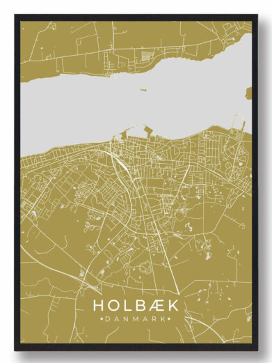 Holbæk byplakat i stilrent design. Denne Holbæk byplakat er med gul baggrund og viser Holbæk fra sin smukkeste side