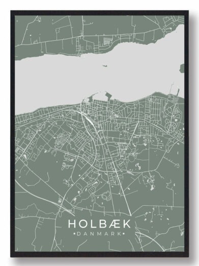 Holbæk byplakat i stilrent design. Denne Holbæk byplakat er med grøn baggrund og viser Holbæk fra sin smukkeste side