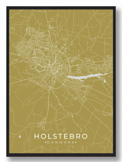 Holstebro byplakat i stilrent design. Denne Holstebro byplakat er med gul baggrund og viser Holstebro fra sin smukkeste side