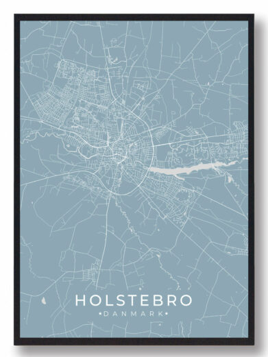 Holstebro byplakat i stilrent design. Denne Holstebro byplakat er med lyseblå baggrund og viser Holstebro fra sin smukkeste side