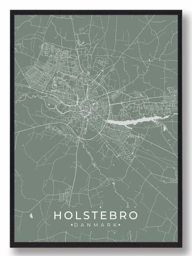 Holstebro byplakat i stilrent design. Denne Holstebro byplakat er med grøn baggrund og viser Holstebro fra sin smukkeste side