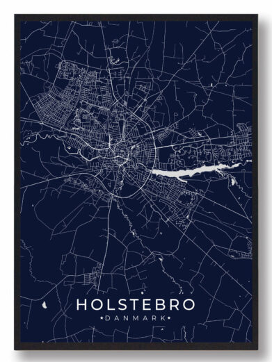 Holstebro by plakat med mørkeblå baggrund. Denne Holstebro plakat med området som motiv viser Holstebro fra sin smukkeste side