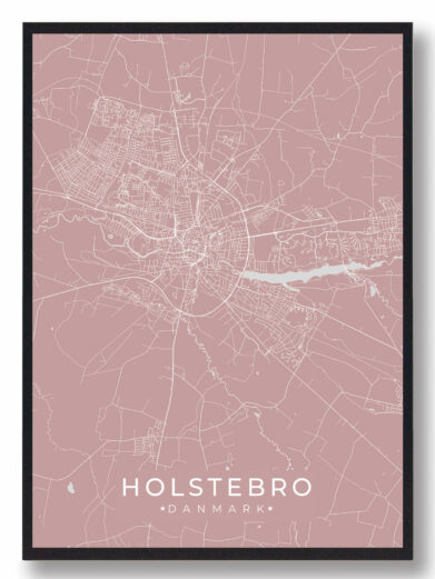 Holstebro byplakat i stilrent design. Denne Holstebro byplakat er med rosa baggrund og viser Holstebro fra sin smukkeste side