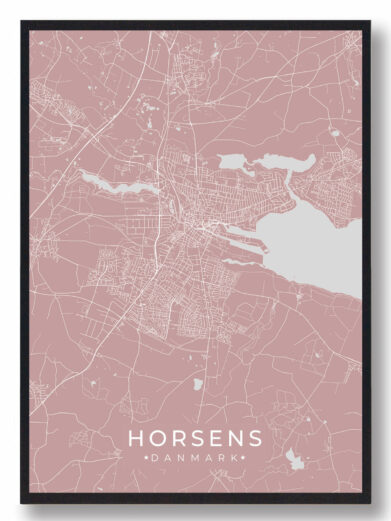 Horsens byplakat i stilrent design. Denne Horsens byplakat er med rosa baggrund og viser Horsens fra sin smukkeste side
