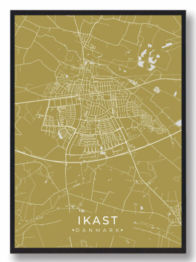Ikast byplakat i stilrent design. Denne Ikast byplakat er med gul baggrund og viser Ikast fra sin smukkeste side