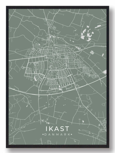 Ikast byplakat i stilrent design. Denne Ikast byplakat er med grøn baggrund og viser Ikast fra sin smukkeste side