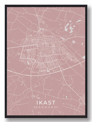 Ikast byplakat i stilrent design. Denne Ikast byplakat er med rosa baggrund og viser Ikast fra sin smukkeste side