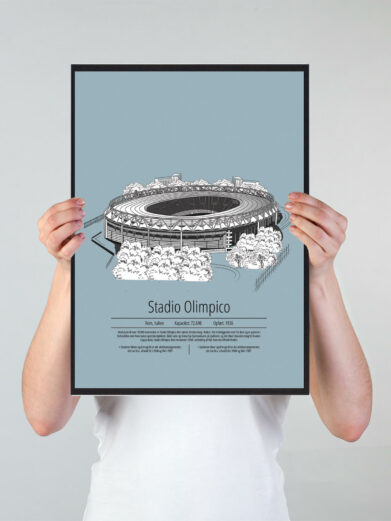 Fodbold plakat med Roma stadion. Denne fodbold plakat med Roma er i flot stilren lyseblå baggrund