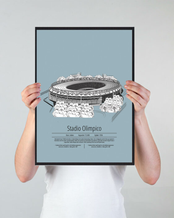 Fodbold plakat med Roma stadion. Denne fodbold plakat med Roma er i flot stilren lyseblå baggrund