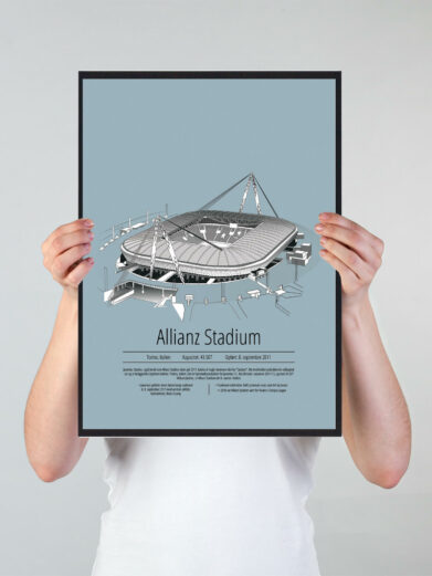 Fodbold plakat med Juventus stadion. Denne fodbold plakat med Juventus er i flot stilren lyseblå baggrund