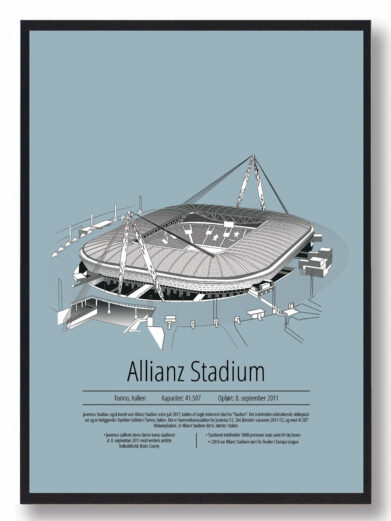 Fodbold plakat med Juventus stadion. Denne fodbold plakat med Juventus er i flot stilren lyseblå baggrund