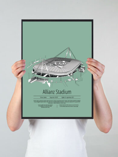 Fodbold plakat med Juventus stadion. Denne fodbold plakat med Juventus er i flot stilren grøn baggrund