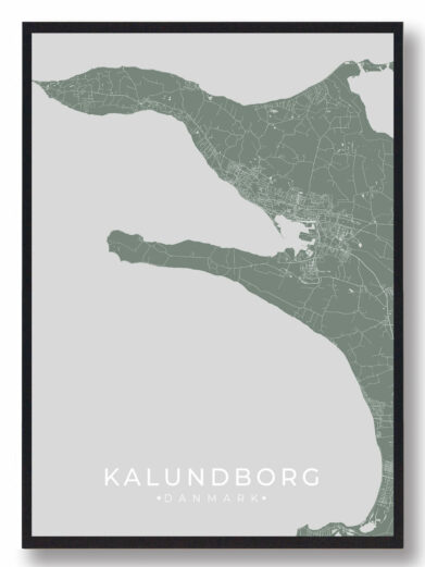 Grøn Kalundborg plakat. Mintgrøn bykort med detaljeret vejnet. En stilfuld dekoration til dit hjem. Køb Kalundborg plakaten nu!