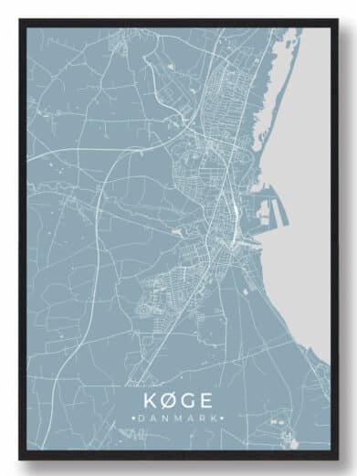 Detaljeret Køge plakat i lyseblå. Minimalistisk bykort design. Perfekt vægkunst til Køge-entusiaster. Fås nu med rabat!