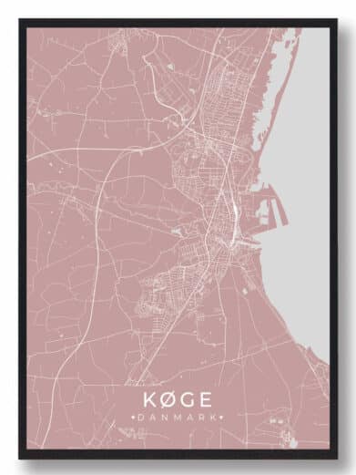 Køge plakat i rosa: Detaljeret bykort med hvide linjer på rosa baggrund, indrammet i sort. Visuelt tiltalende og stilfuld vægdekoration.