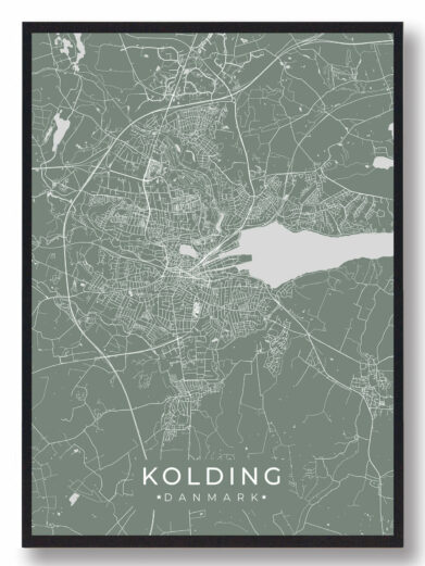 Mintgrøn Kolding plakat med detaljeret bykort og gader. Stilfuldt design, perfekt til Kolding-entusiaster. Fås nu med rabat!