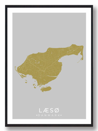 Læsø plakat i stilrent design. Denne Læsø byplakat er med gul baggrund og viser Læsø fra sin smukkeste side