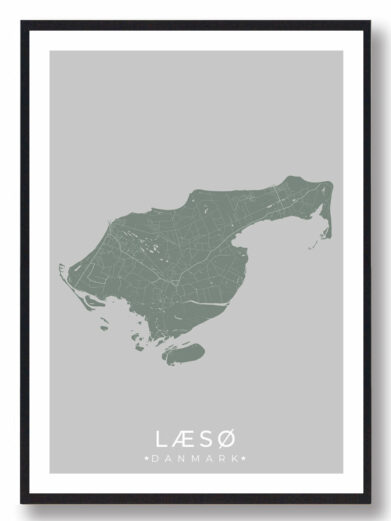 Læsø plakat i stilrent design. Denne Læsø byplakat er med grøn baggrund og viser Læsø fra sin smukkeste side