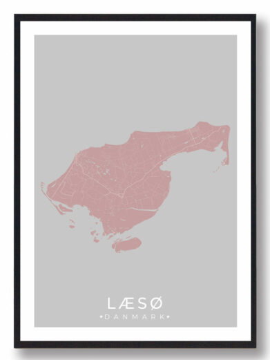 Læsø plakat i stilrent design. Denne Læsø byplakat er med rosa baggrund og viser Læsø fra sin smukkeste side