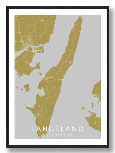 Langeland plakat i karrygul. Minimalistisk bykort af Langeland, Danmark, i moderne design. Perfekt vægkunst til hjemmet.