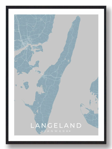 Langeland plakat i grønne nuancer. Minimalistisk design med detaljeret kort over øen. Perfekt til stuen eller kontoret.