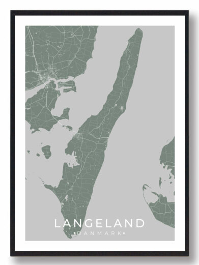 Langeland grøn byplakat viser øen i Danmark. Minimalistisk design med mintgrønne nuancer. Perfekt som vægkunst.