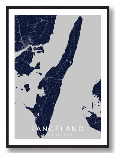 Langeland plakat i mørkeblå: et stilfuldt kort over Langeland, Danmark, med fine hvide linjer på grå baggrund, indrammet i sort.