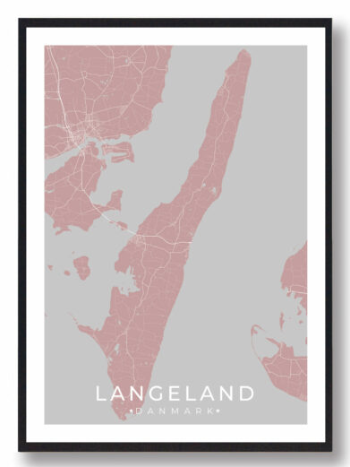 Langeland plakat i rosa: Detaljeret kort over Langeland, Danmark, i en moderne, grafisk stil. Perfekt vægkunst til hjemmet. Findes på tilbud!