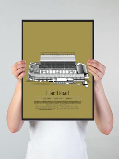 Fodbold plakat med Leeds United stadion. Denne fodbold plakat med Leeds United er i flot stilren gul baggrund