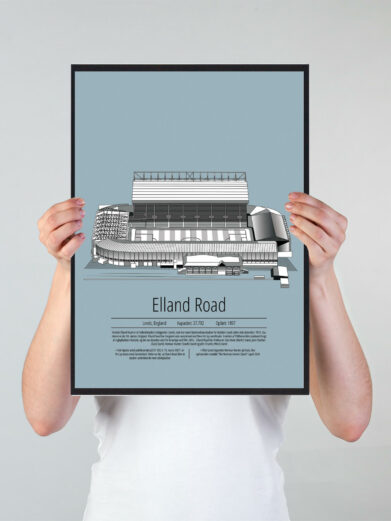 Fodbold plakat med Leeds United stadion. Denne fodbold plakat med Leeds United er i flot stilren lyseblå baggrund