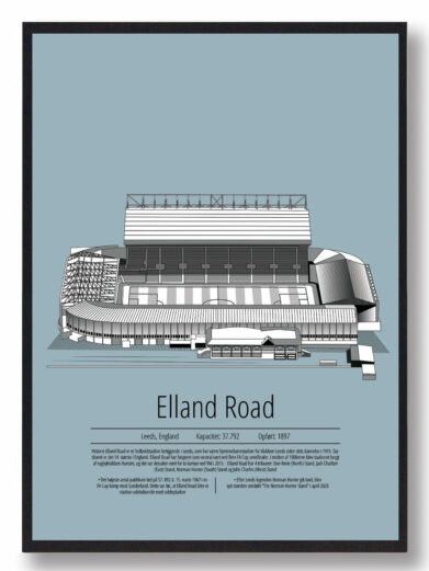 Fodbold plakat med Leeds United stadion. Denne fodbold plakat med Leeds United er i flot stilren lyseblå baggrund