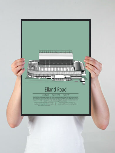 Fodbold plakat med Leeds United stadion. Denne fodbold plakat med Leeds United er i flot stilren grøn baggrund