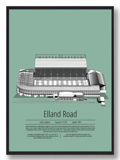 Fodbold plakat med Leeds United stadion. Denne fodbold plakat med Leeds United er i flot stilren grøn baggrund