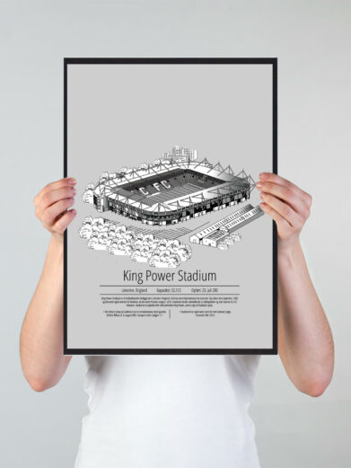 Fodbold plakat med Leicester stadion. Denne fodbold plakat med Leicester er i flot stilren grå baggrund