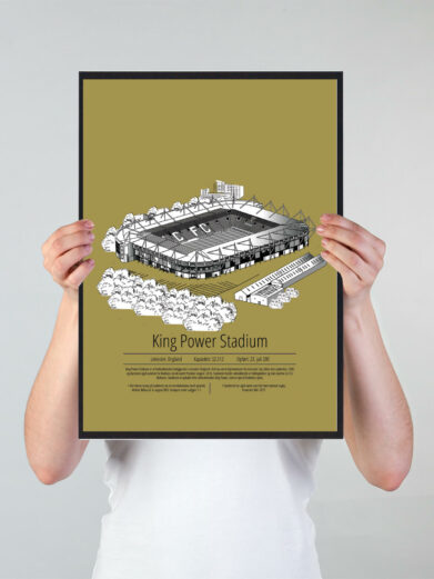 Fodbold plakat med Leicester stadion. Denne fodbold plakat med Leicester er i flot stilren gul baggrund