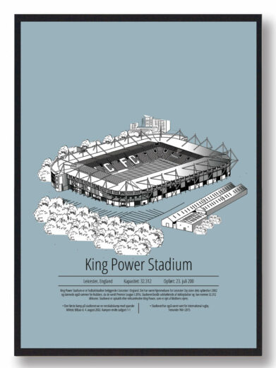 Fodbold plakat med Leicester stadion. Denne fodbold plakat med Leicester er i flot stilren lyseblå baggrund