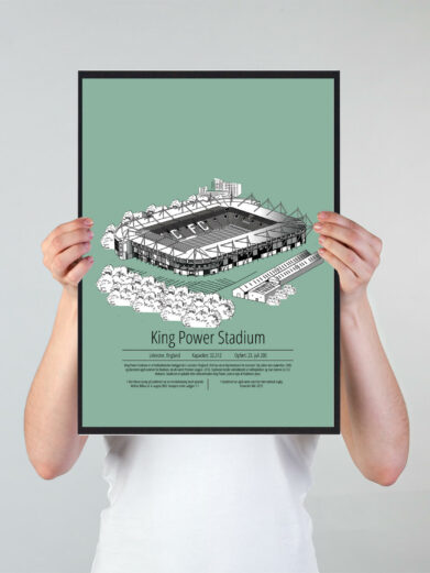 Fodbold plakat med Leicester stadion. Denne fodbold plakat med Leicester er i flot stilren grøn baggrund