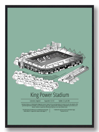 Fodbold plakat med Leicester stadion. Denne fodbold plakat med Leicester er i flot stilren grøn baggrund