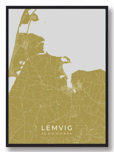 Lemvig byplakat i stilrent design. Denne Lemvig byplakat er med gul baggrund og viser Lemvig fra sin smukkeste side