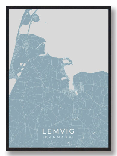 Lemvig byplakat i stilrent design. Denne Lemvig byplakat er med lyseblå baggrund og viser Lemvig fra sin smukkeste side