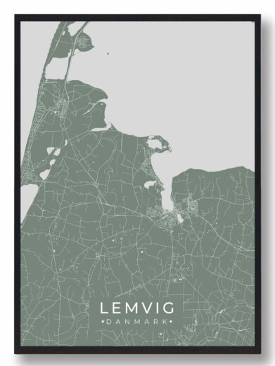 Lemvig byplakat i stilrent design. Denne Lemvig byplakat er med grøn baggrund og viser Lemvig fra sin smukkeste side