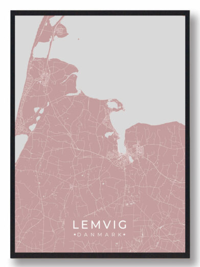 Lemvig byplakat i stilrent design. Denne Lemvig byplakat er med rosa baggrund og viser Lemvig fra sin smukkeste side