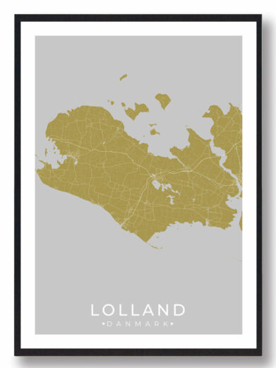 Lolland plakat i stilrent design. Denne Lolland byplakat er med gul baggrund og viser Lolland fra sin smukkeste side