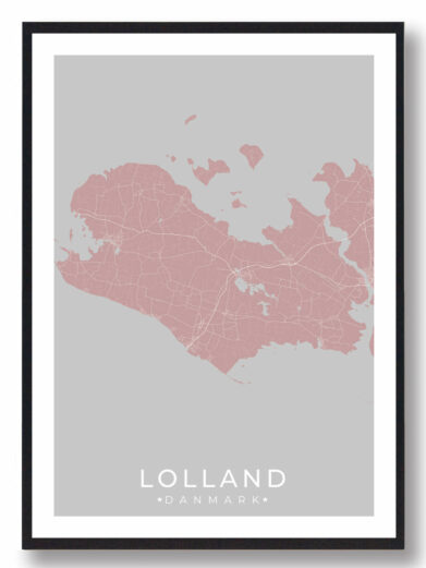 Lolland plakat i stilrent design. Denne Lolland byplakat er med rosa baggrund og viser Lolland fra sin smukkeste side