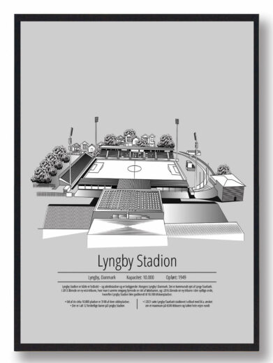 Fodbold plakat med Lyngby stadion. Denne fodbold plakat med Lyngby er i flot stilren grå baggrund