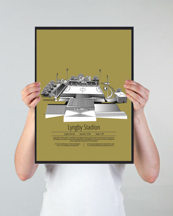 Fodbold plakat med Lyngby stadion. Denne fodbold plakat med Lyngby er i flot stilren gul baggrund