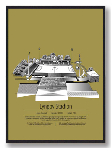 Fodbold plakat med Lyngby stadion. Denne fodbold plakat med Lyngby er i flot stilren gul baggrund